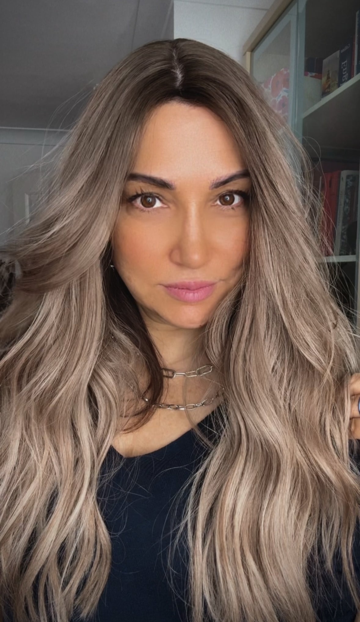 FEATHERLITE ASHY BLONDE TOPPER WITH DARK ROOT/ 2-4 WEEKS PREPARATION TIME