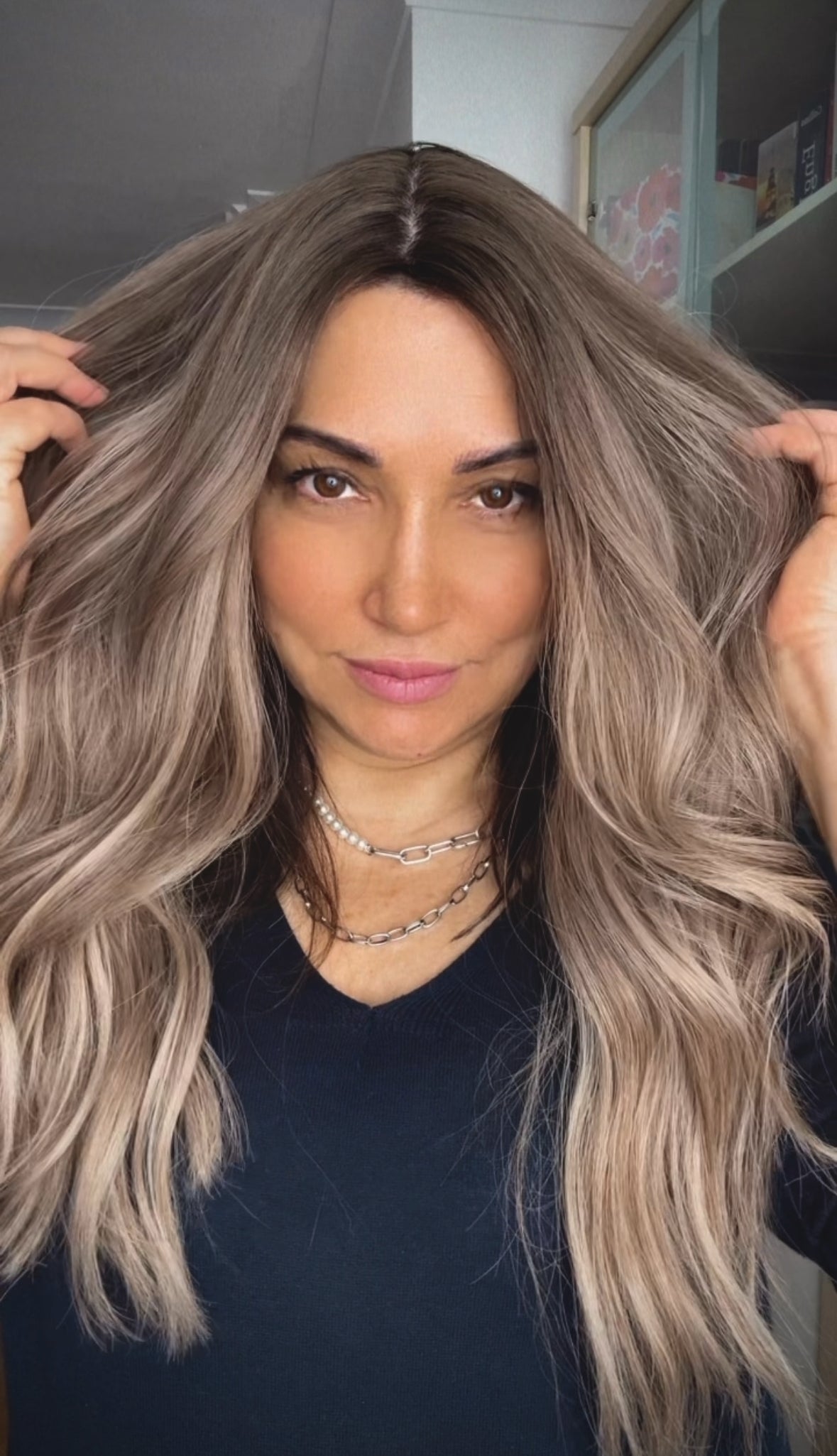 FEATHERLITE ASHY BLONDE TOPPER WITH DARK ROOT/ 2-4 WEEKS PREPARATION TIME