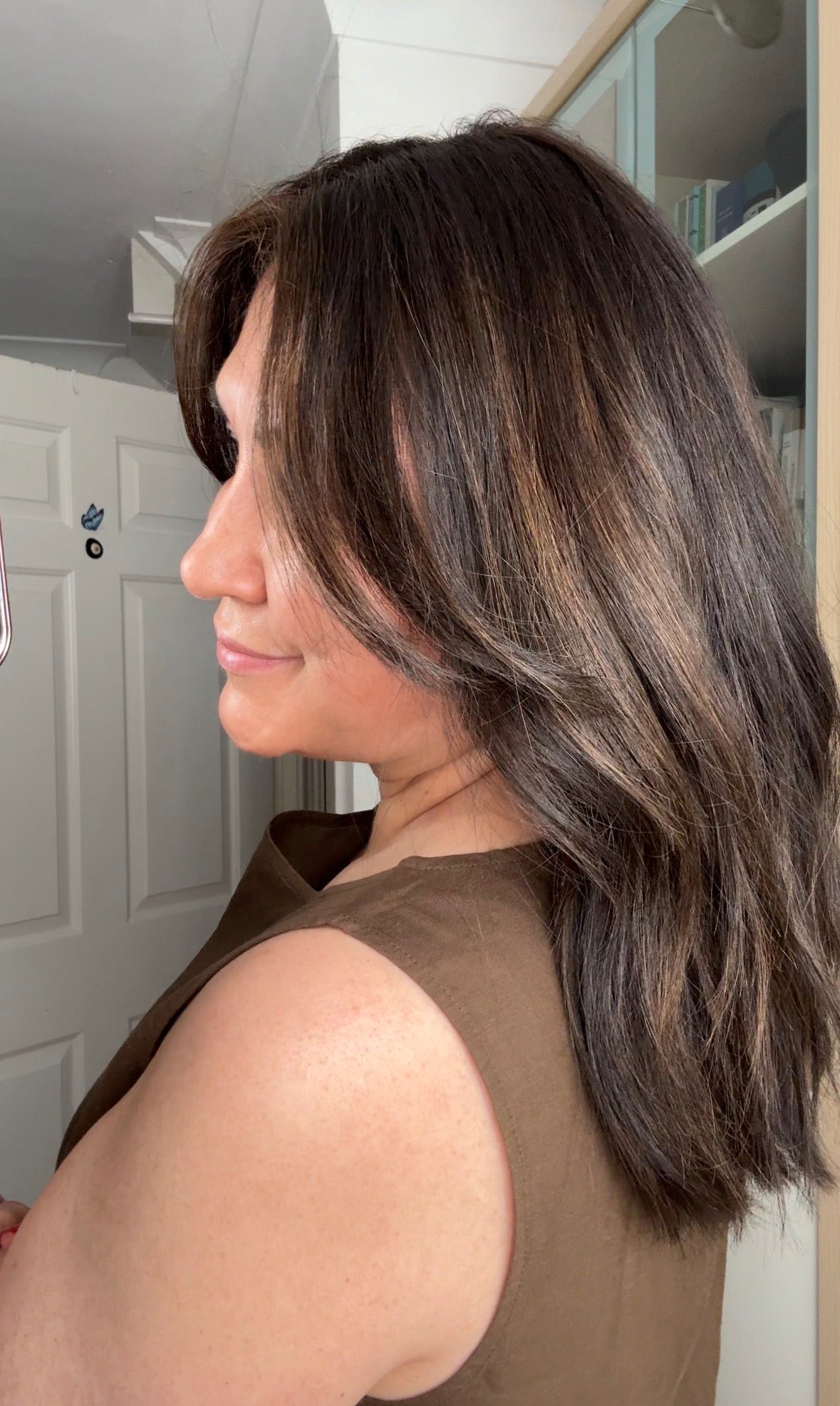 VIRGIN BASE DARK BROWN TOPPER WITH SOFT CARAMEL BALAYAGE