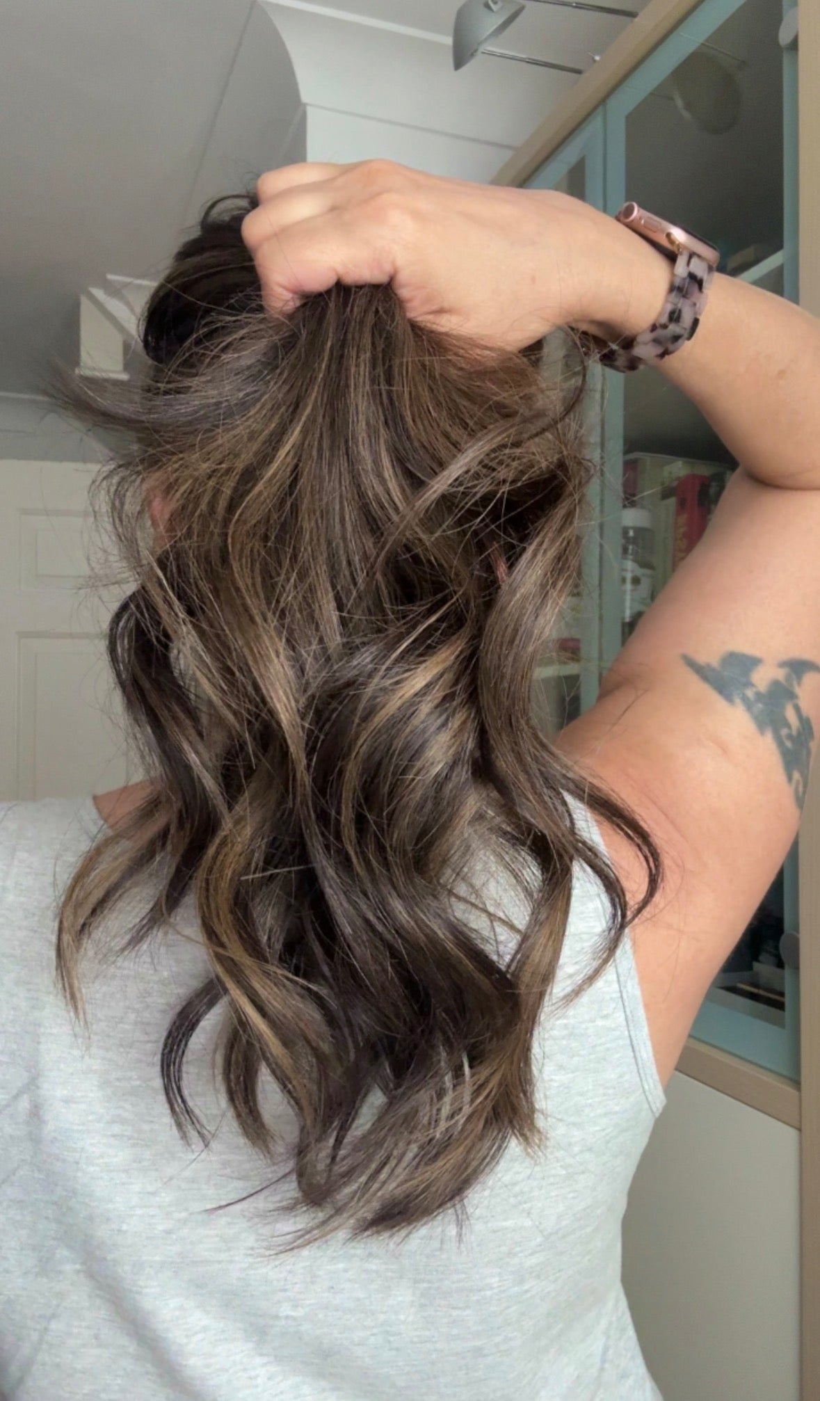 DARK BROWN/SOFT BLACK VIRGIN TOPPER WITH ASHY RIBBON BALAYAGE