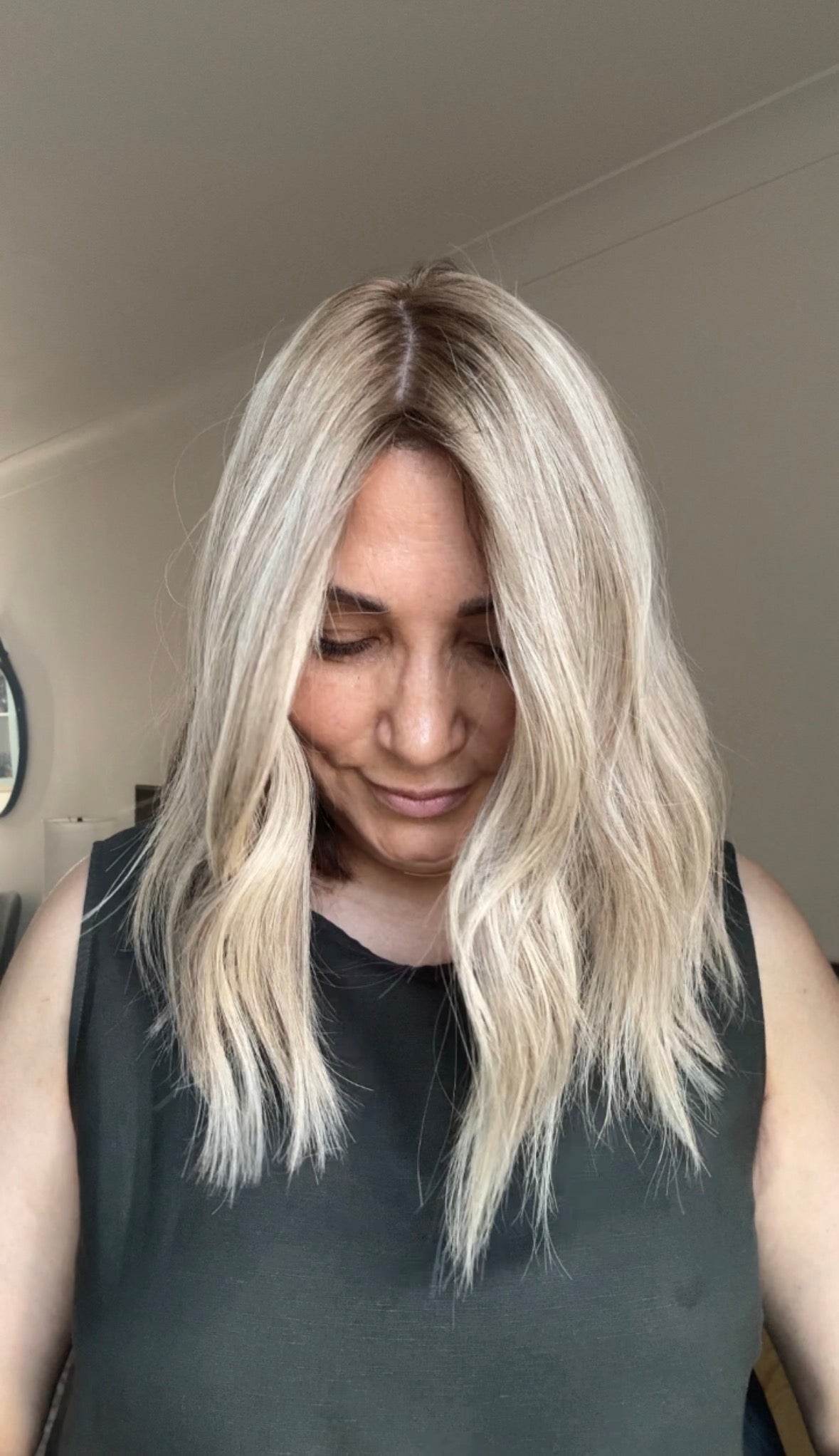 ASH BLONDE TOPPER WITH SUBTLE SOFT ROOT SHADOW