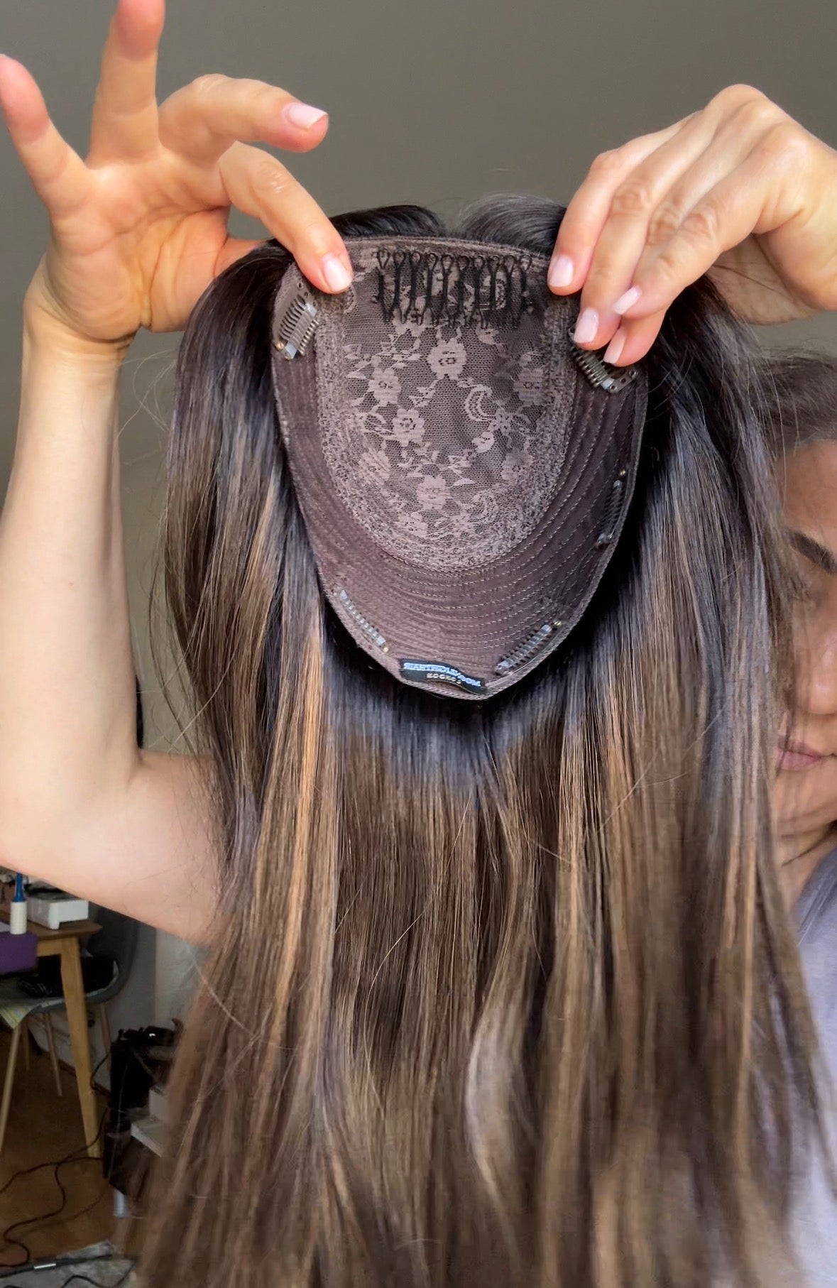 DARK BROWN TOPPER WITH SOFT ASHY HIGHLIGHTS