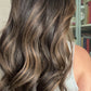 DARK BROWN/SOFT BLACK VIRGIN TOPPER WITH ASHY RIBBON BALAYAGE