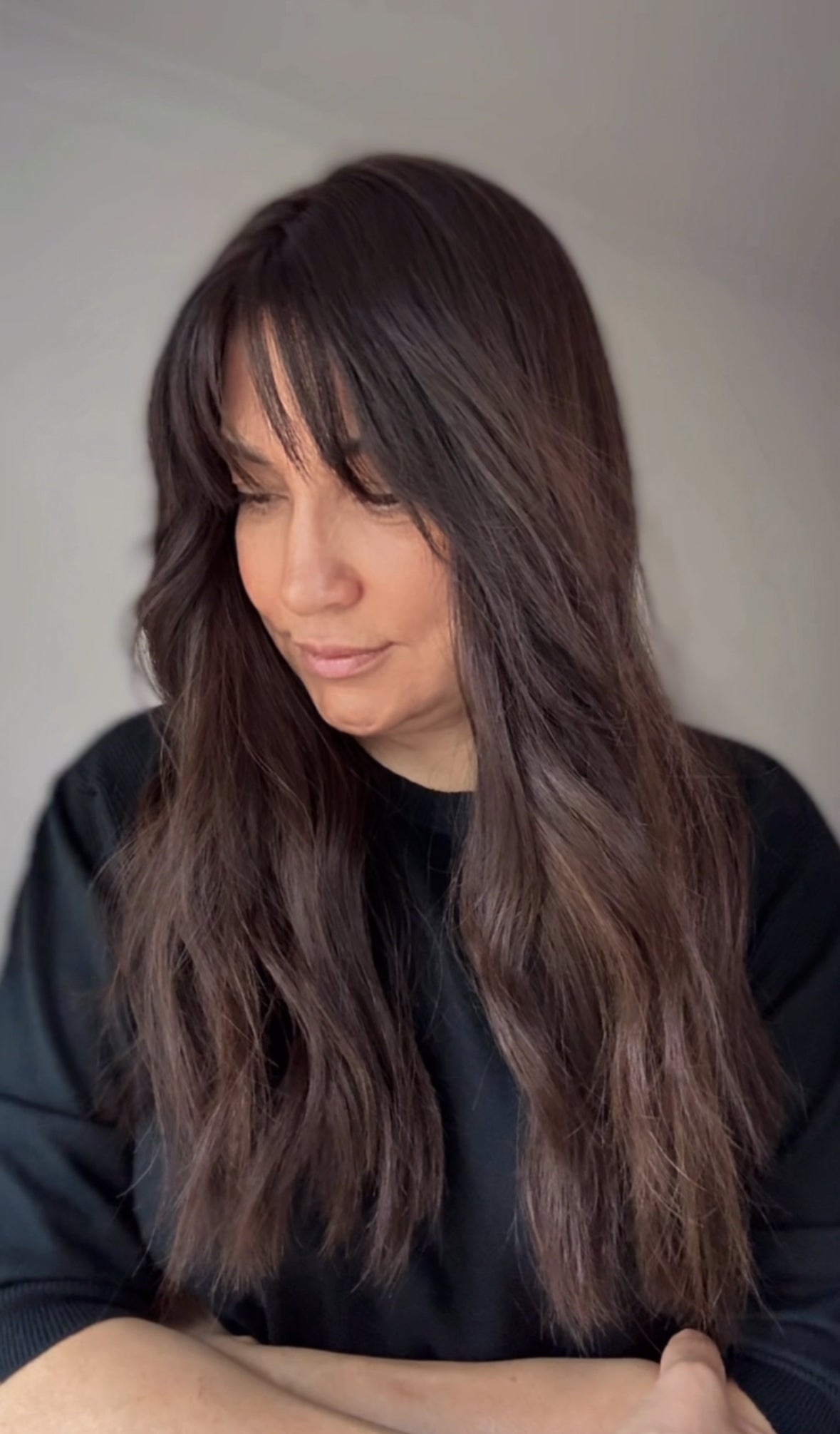 FEATHERLITE VIRGIN BROWN TOPPER WITH SUBTLE CARAMEL BALAYAGE