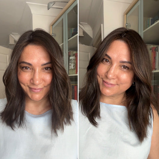 VIRGIN BASE DARK BROWN TOPPER WITH SOFT CARAMEL BALAYAGE